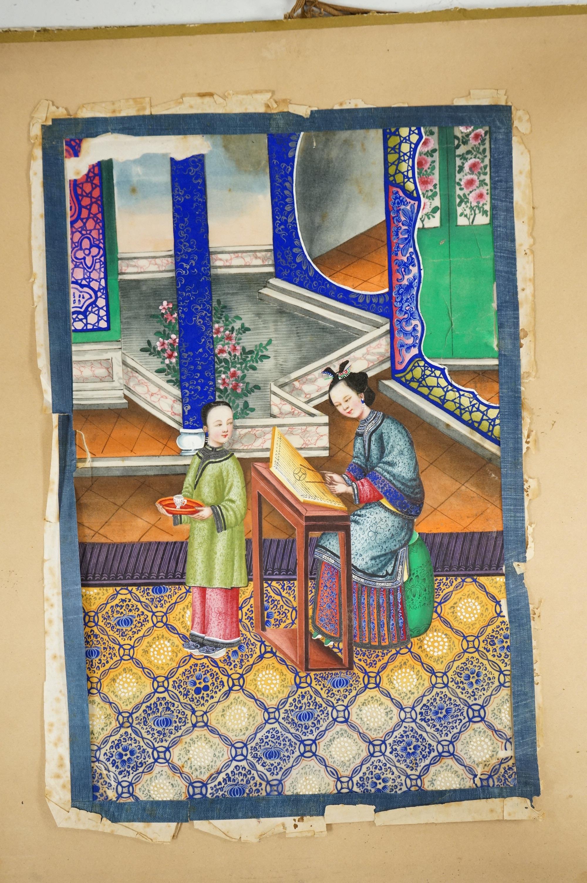 Late 19th century, Chinese School, Interior scenes with figures, pair of pith paper paintings, unframed, 35 x 21cm